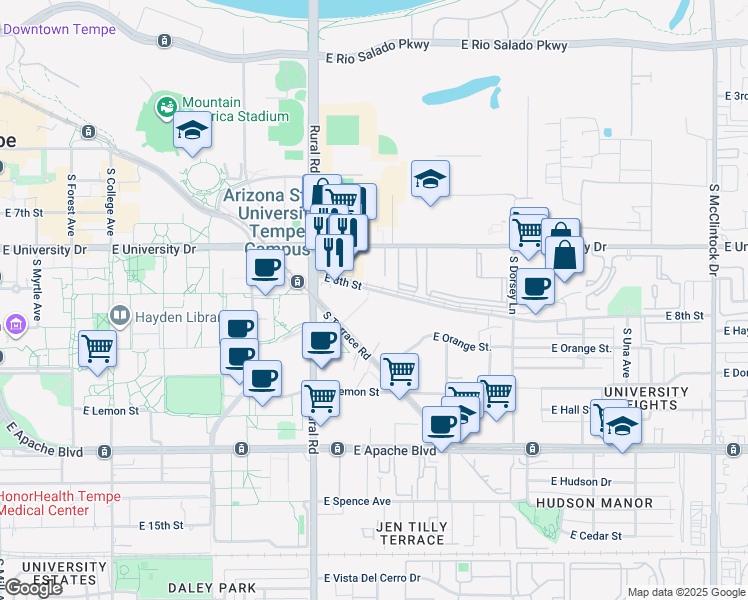 map of restaurants, bars, coffee shops, grocery stores, and more near 2027 East Oxford Drive in Tempe