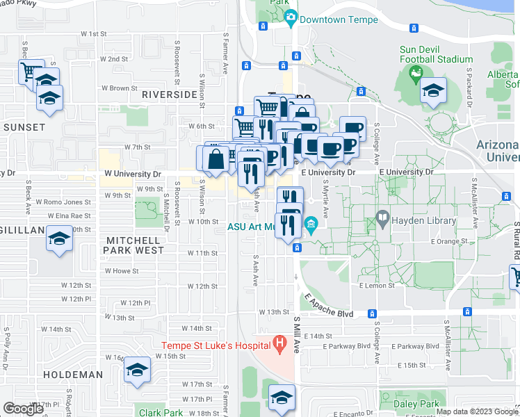 map of restaurants, bars, coffee shops, grocery stores, and more near 905 South Ash Avenue in Tempe