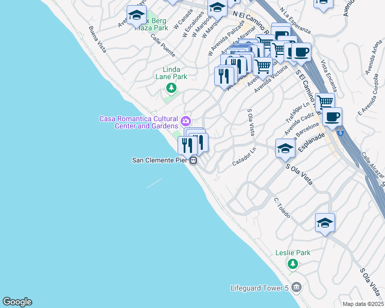 map of restaurants, bars, coffee shops, grocery stores, and more near 630 Avenida Victoria in San Clemente