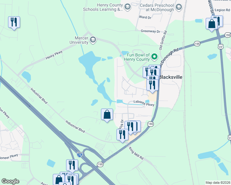 map of restaurants, bars, coffee shops, grocery stores, and more near 266 Long Drive in McDonough