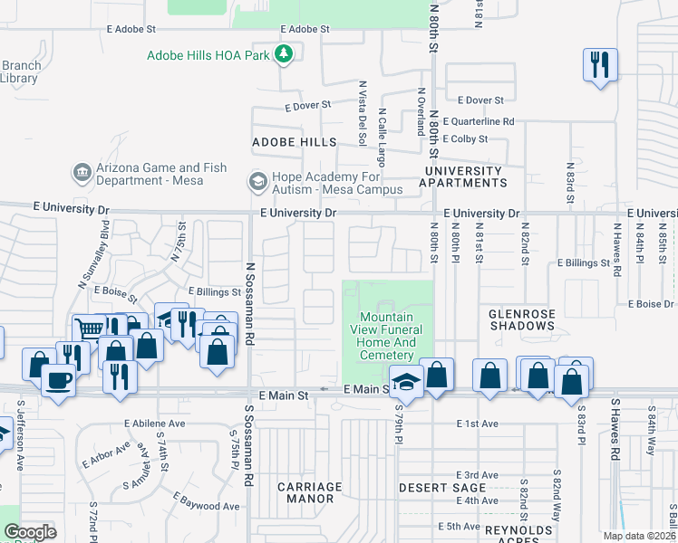 map of restaurants, bars, coffee shops, grocery stores, and more near 245 North Greenwood in Mesa
