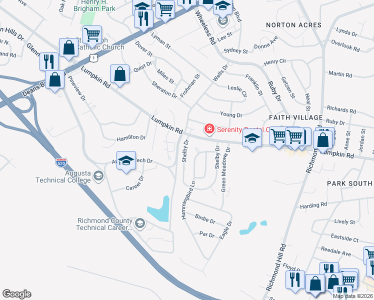 map of restaurants, bars, coffee shops, grocery stores, and more near 2979 Shelby Drive in Augusta