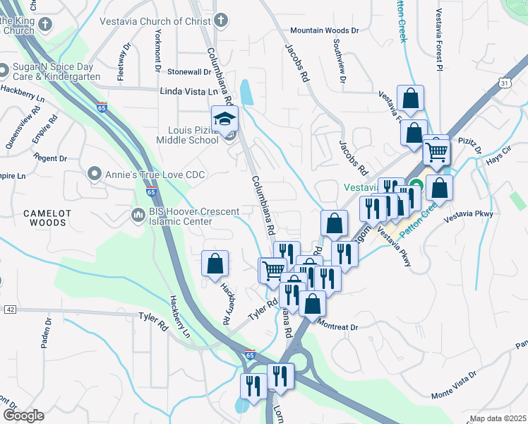 map of restaurants, bars, coffee shops, grocery stores, and more near 2410 Yellow Hammer Hill in Vestavia Hills