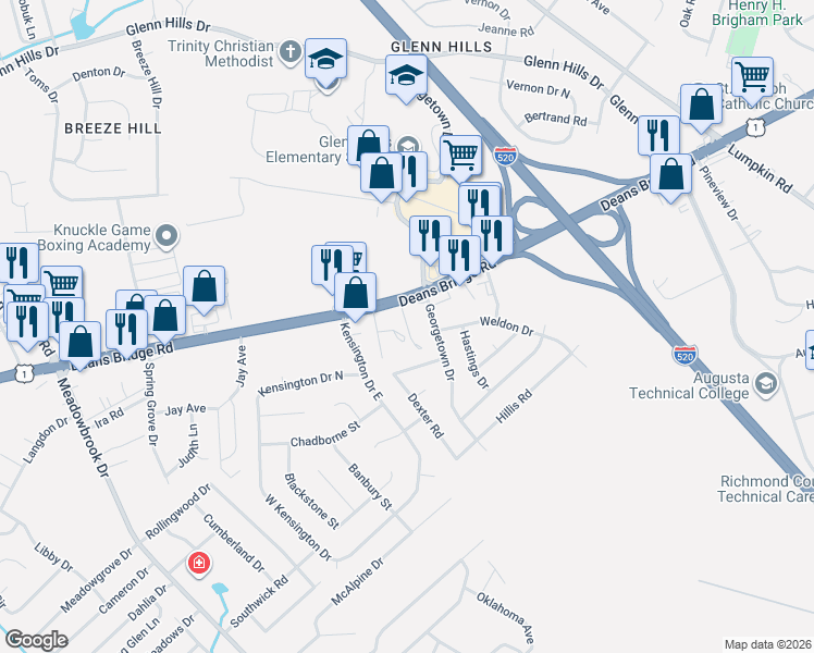 map of restaurants, bars, coffee shops, grocery stores, and more near 3232 Connie Drive in Augusta