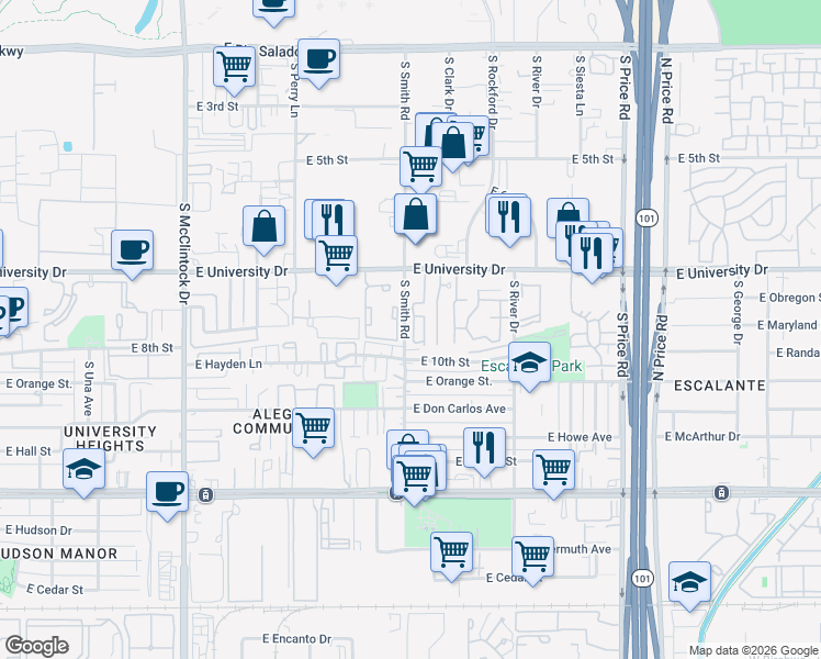 map of restaurants, bars, coffee shops, grocery stores, and more near 30 East Mobile Home Park in Tempe