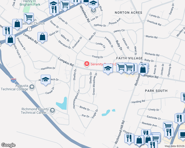 map of restaurants, bars, coffee shops, grocery stores, and more near 2905 Shelby Drive in Augusta