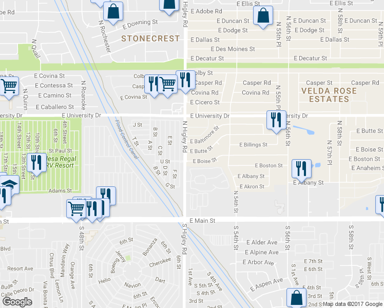 map of restaurants, bars, coffee shops, grocery stores, and more near 5209 East Butte Street in Mesa