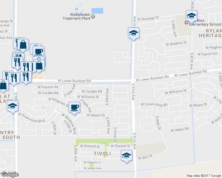 map of restaurants, bars, coffee shops, grocery stores, and more near 2912 South 92nd Drive in Tolleson