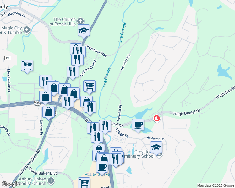 map of restaurants, bars, coffee shops, grocery stores, and more near 1304 Berwick Drive in Birmingham