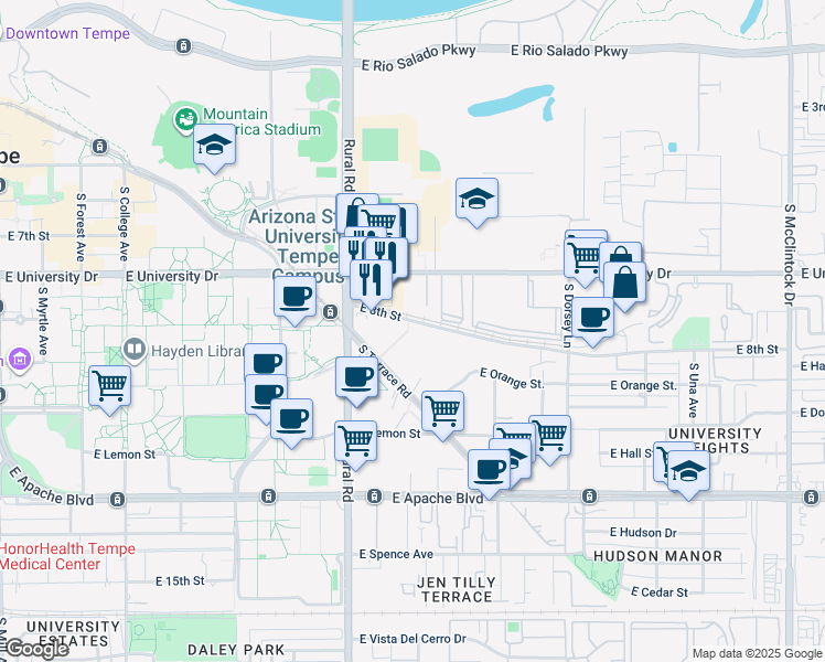 map of restaurants, bars, coffee shops, grocery stores, and more near 2027 East Oxford Drive in Tempe