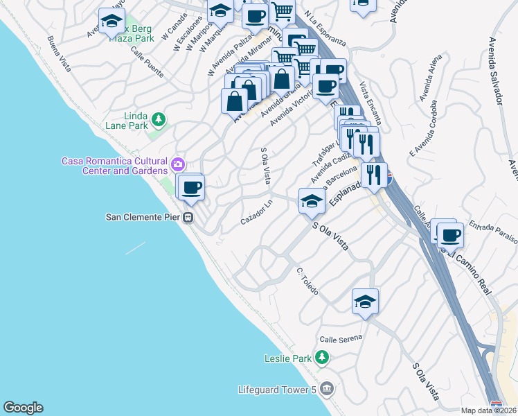 map of restaurants, bars, coffee shops, grocery stores, and more near 311 Cazador Lane in San Clemente