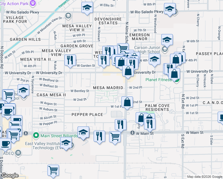 map of restaurants, bars, coffee shops, grocery stores, and more near Mesa Madrid Townhouses in Mesa