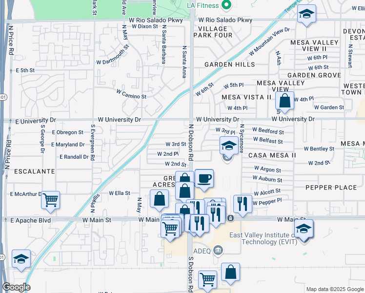 map of restaurants, bars, coffee shops, grocery stores, and more near 252 North Dobson Road in Mesa