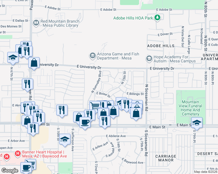 map of restaurants, bars, coffee shops, grocery stores, and more near 234 North 75th Street in Mesa