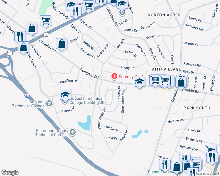 map of restaurants, bars, coffee shops, grocery stores, and more near 2915 Hummingbird Lane in Augusta