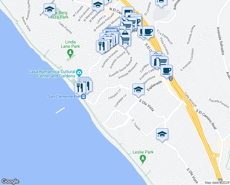map of restaurants, bars, coffee shops, grocery stores, and more near 314 Cazador Lane in San Clemente