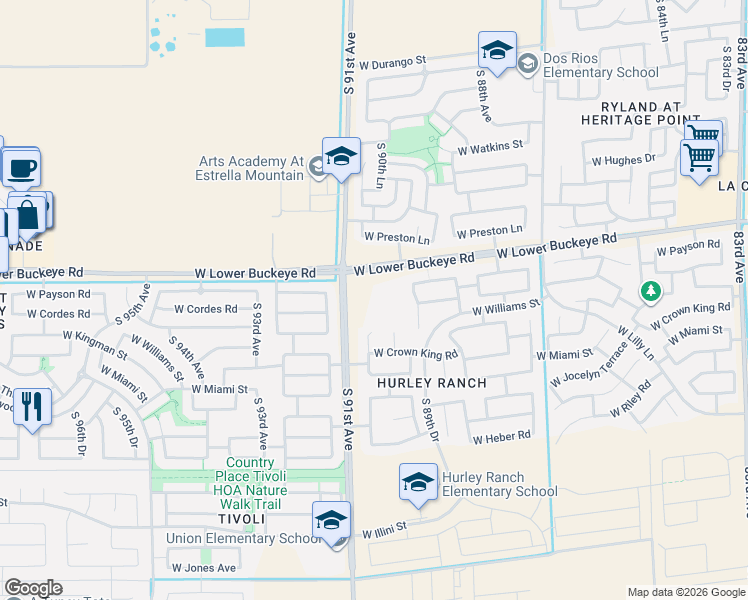 map of restaurants, bars, coffee shops, grocery stores, and more near 3024 South 90th Drive in Tolleson