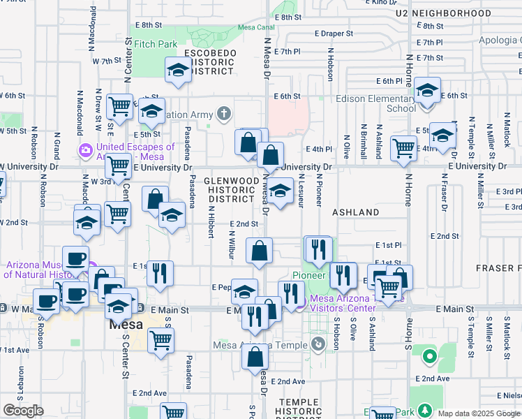 map of restaurants, bars, coffee shops, grocery stores, and more near 225 North Pomeroy in Mesa