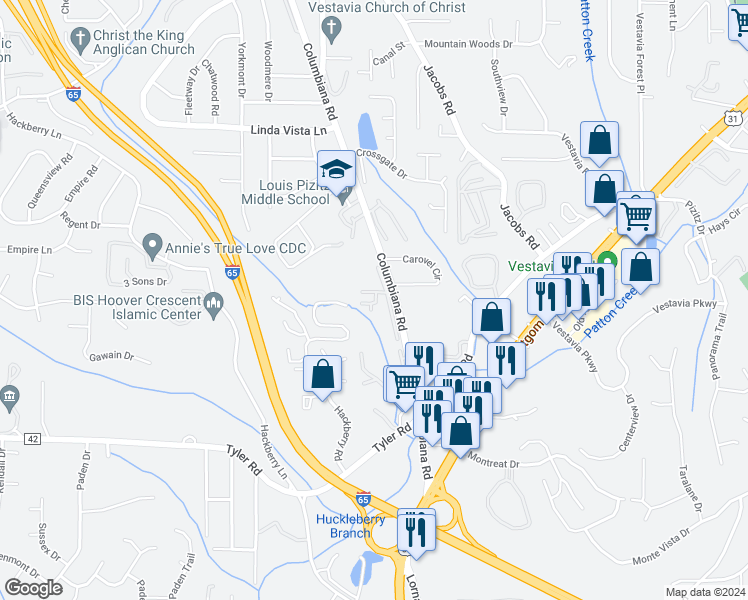 map of restaurants, bars, coffee shops, grocery stores, and more near 2140 Mallard Square in Birmingham