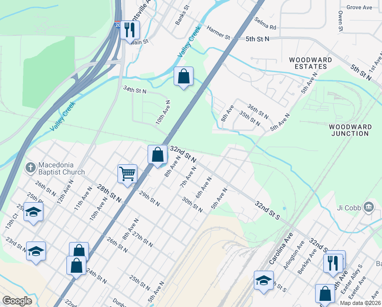 map of restaurants, bars, coffee shops, grocery stores, and more near 727 32nd Street North in Bessemer
