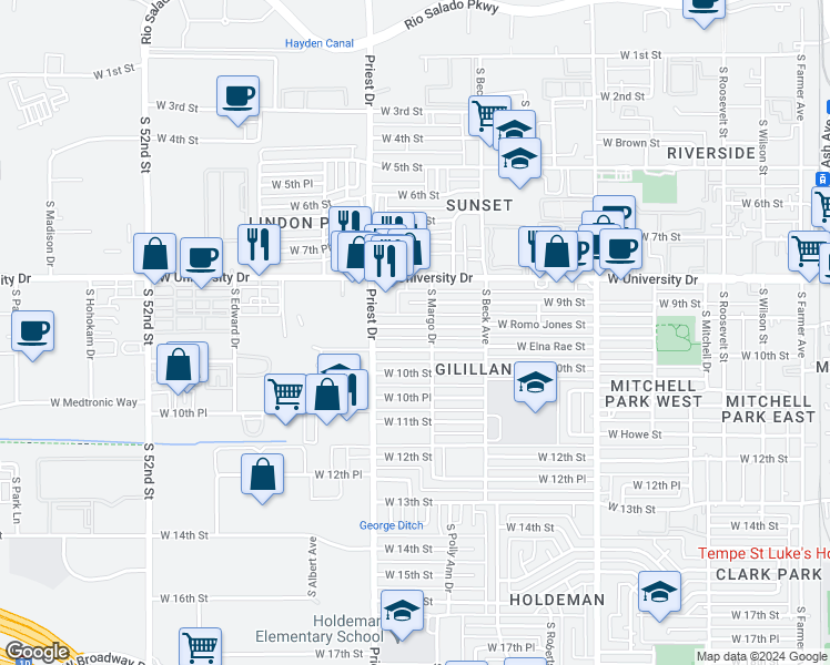 map of restaurants, bars, coffee shops, grocery stores, and more near 1317 West Laird Street in Tempe