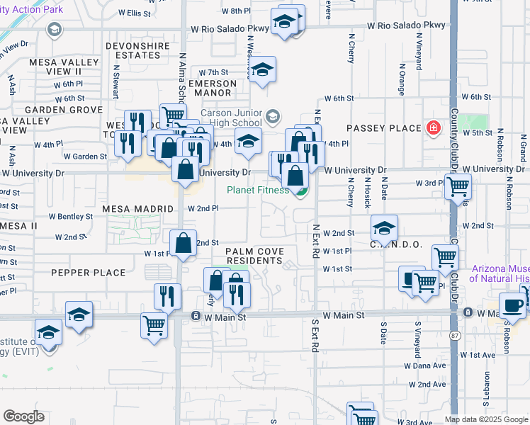 map of restaurants, bars, coffee shops, grocery stores, and more near 921 West University Drive in Mesa