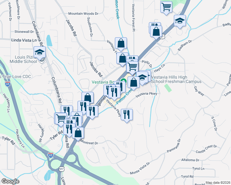 map of restaurants, bars, coffee shops, grocery stores, and more near 1433 Montgomery Highway in Vestavia Hills