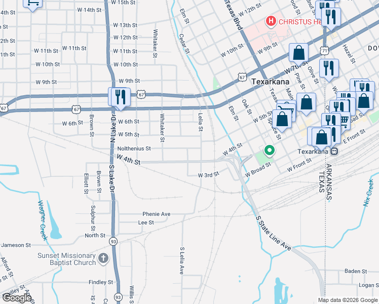 map of restaurants, bars, coffee shops, grocery stores, and more near 1121 Nolthenius Street in Texarkana