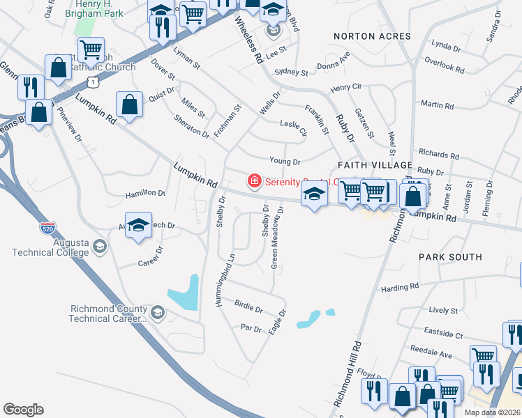map of restaurants, bars, coffee shops, grocery stores, and more near 2905 Shelby Drive in Augusta