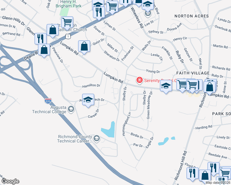 map of restaurants, bars, coffee shops, grocery stores, and more near 2506 Lumpkin Road in Augusta