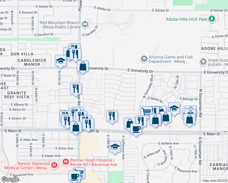 map of restaurants, bars, coffee shops, grocery stores, and more near 215 North Power Road in Mesa