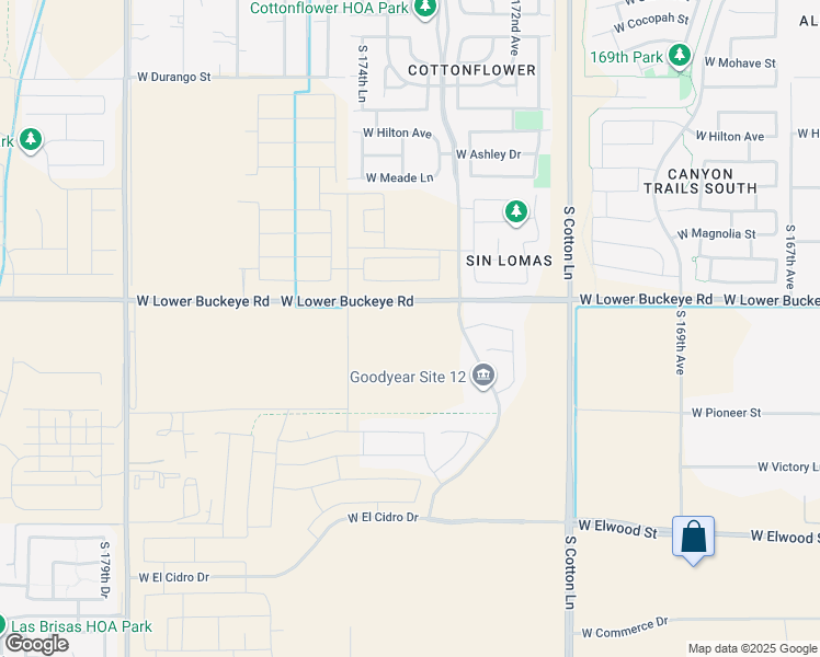 map of restaurants, bars, coffee shops, grocery stores, and more near 17301-17487 West Lower Buckeye Road in Goodyear
