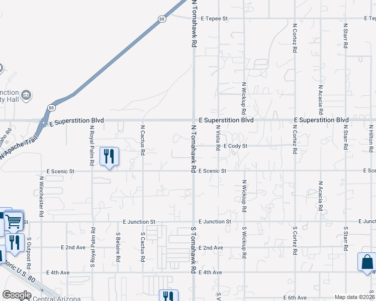 map of restaurants, bars, coffee shops, grocery stores, and more near 540 North Tomahawk Road in Apache Junction