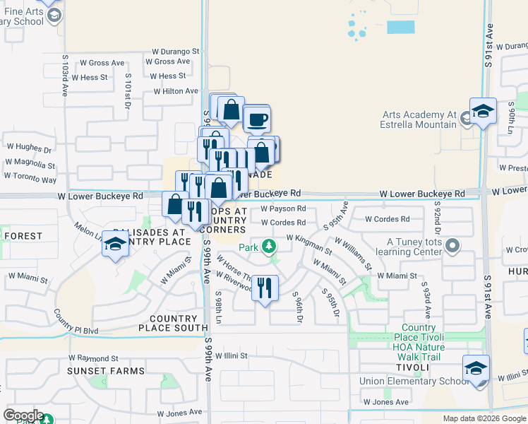 map of restaurants, bars, coffee shops, grocery stores, and more near 9711 West Payson Road in Tolleson