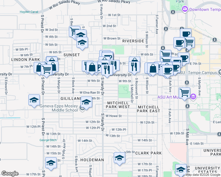 map of restaurants, bars, coffee shops, grocery stores, and more near 824 West Laird Street in Tempe