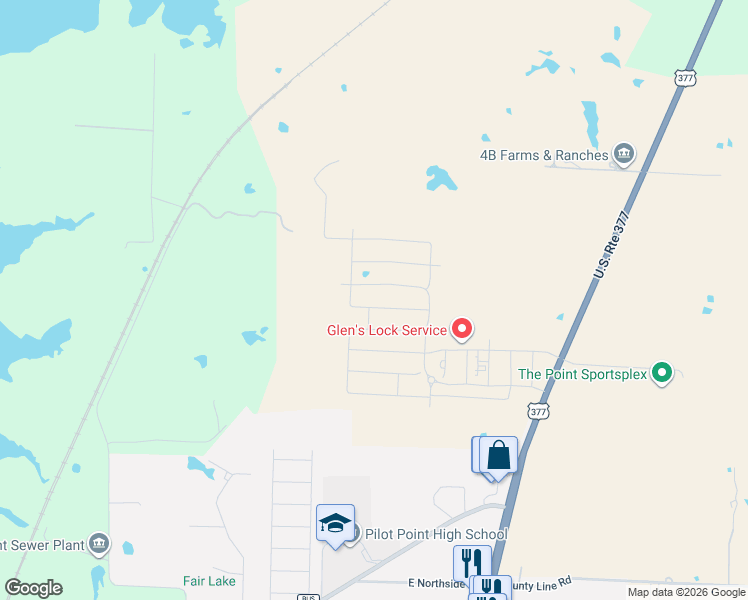 map of restaurants, bars, coffee shops, grocery stores, and more near 738 Sweet Pea Drive in Pilot Point