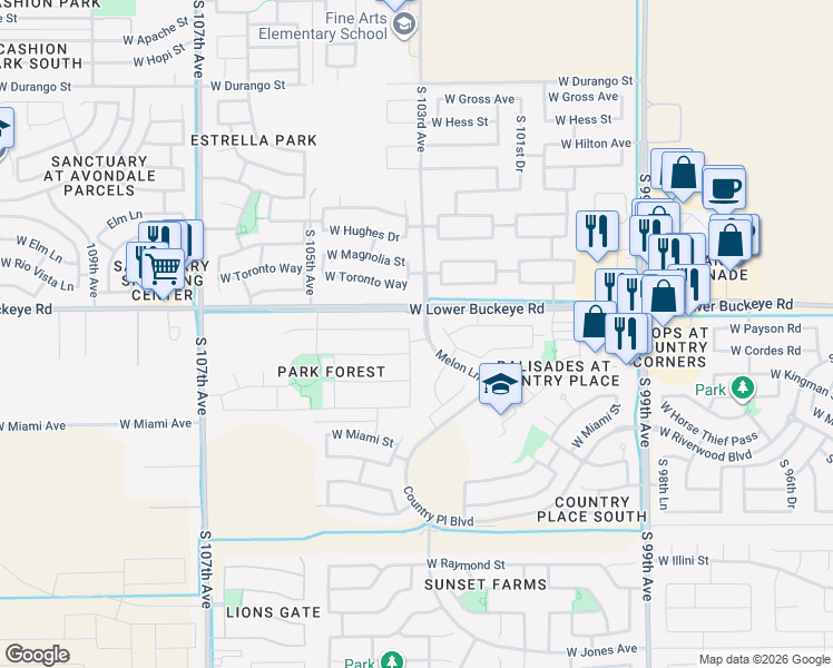 map of restaurants, bars, coffee shops, grocery stores, and more near 2833 South 103rd Drive in Tolleson