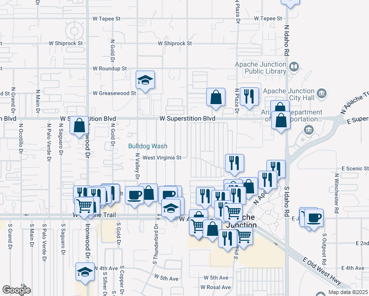 map of restaurants, bars, coffee shops, grocery stores, and more near 532 North San Marcos Drive in Apache Junction