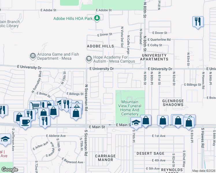 map of restaurants, bars, coffee shops, grocery stores, and more near 7731 East Boise Street in Mesa