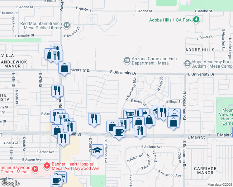 map of restaurants, bars, coffee shops, grocery stores, and more near Edgewood Drive in Mesa