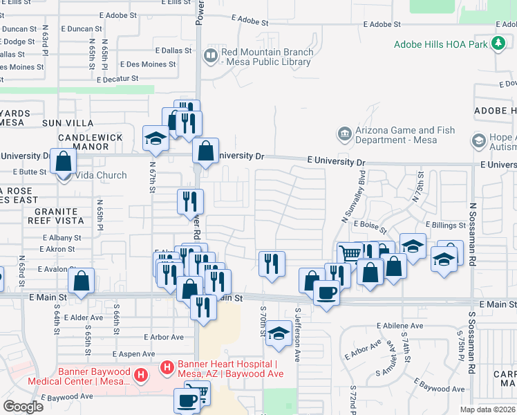 map of restaurants, bars, coffee shops, grocery stores, and more near 6929 East Boise Street in Mesa