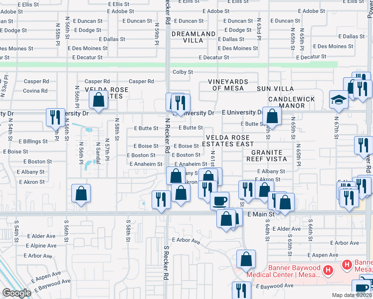 map of restaurants, bars, coffee shops, grocery stores, and more near 6044 East Boston Street in Mesa