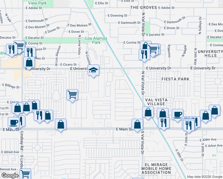 map of restaurants, bars, coffee shops, grocery stores, and more near 3345 East University Drive in Mesa
