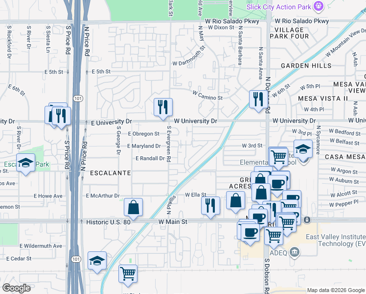 map of restaurants, bars, coffee shops, grocery stores, and more near 907 South Acorn Avenue in Tempe