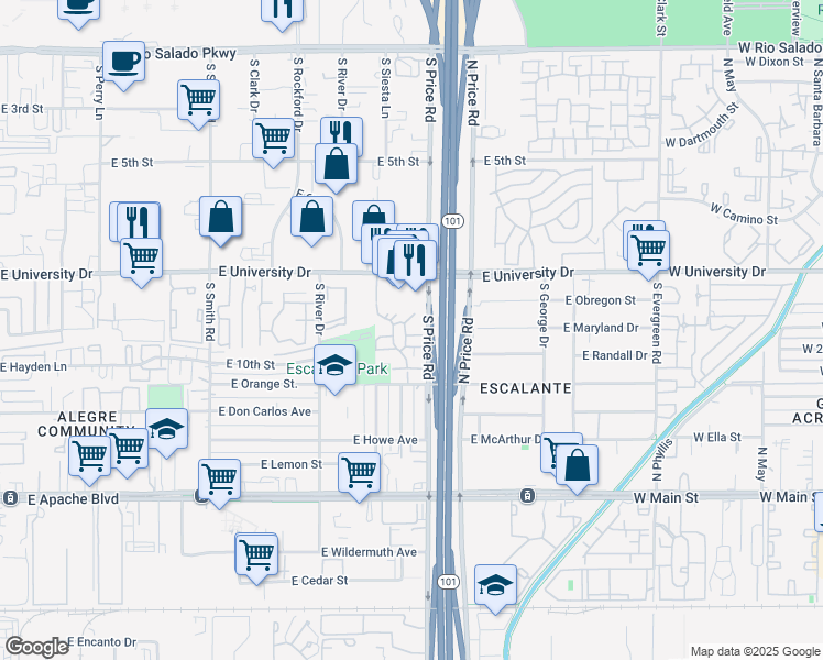 map of restaurants, bars, coffee shops, grocery stores, and more near 2143 East Center Lane in Tempe