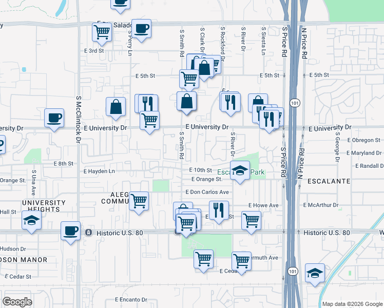 map of restaurants, bars, coffee shops, grocery stores, and more near 30 East Mobile Home Park in Tempe