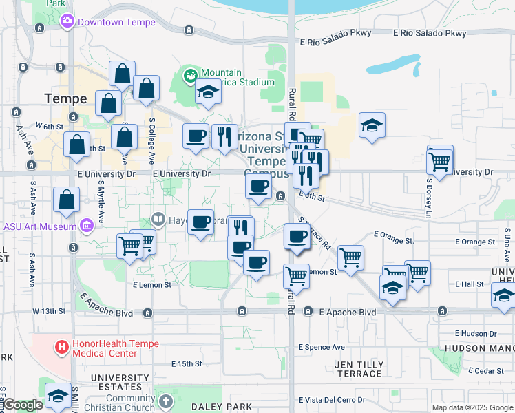 map of restaurants, bars, coffee shops, grocery stores, and more near 727 East Tyler Street in Tempe