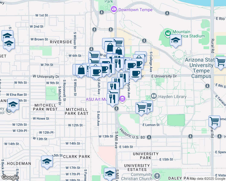 map of restaurants, bars, coffee shops, grocery stores, and more near in Tempe