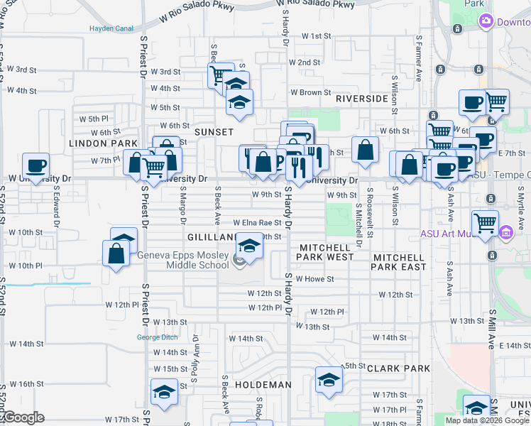 map of restaurants, bars, coffee shops, grocery stores, and more near 1046 West Elna Rae Street in Tempe