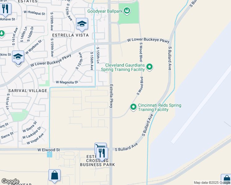 map of restaurants, bars, coffee shops, grocery stores, and more near 2831 Estrella Parkway in Goodyear